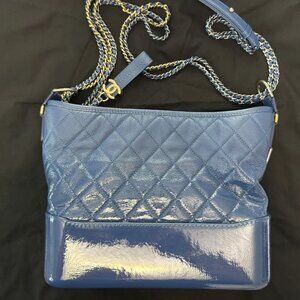 CHANEL Patent Goatskin Quilted Medium Gabrielle Hobo in Blue
